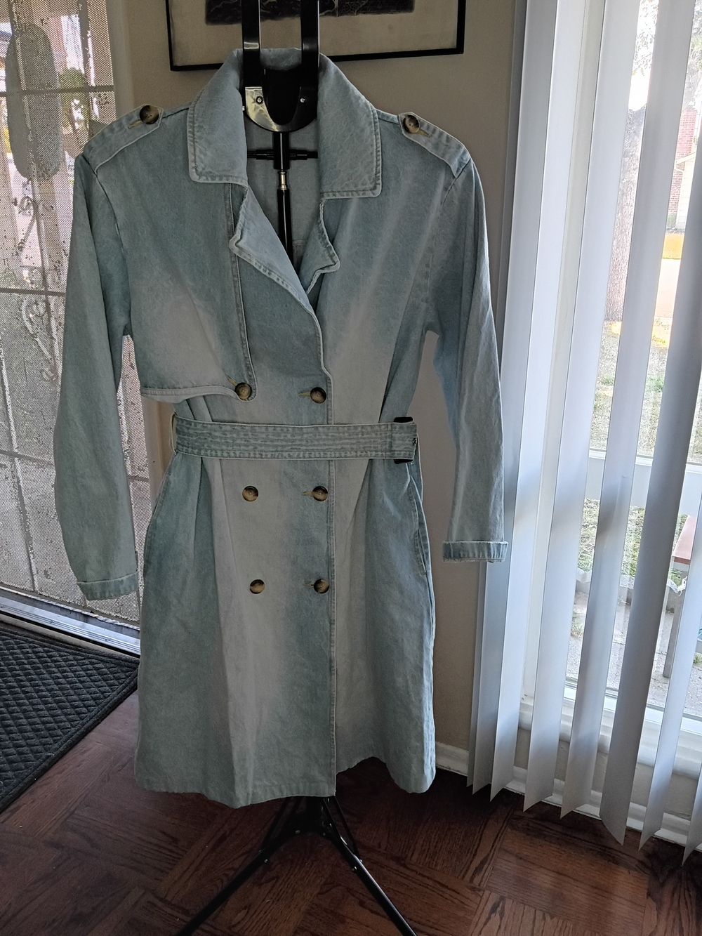 Miss Selfridge Light Blue Heavy Denim Trench Coat Pockets Size Large